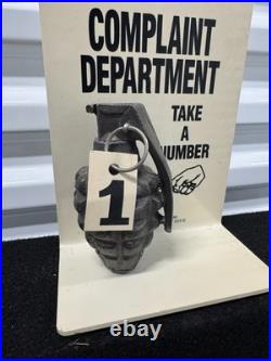 Vintage COMPLAINT DEPARTMENT DUMMY GRENADE TAKE ANUMBER COUNTER TOP DISPLAY SIGN