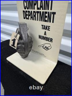 Vintage COMPLAINT DEPARTMENT DUMMY GRENADE TAKE ANUMBER COUNTER TOP DISPLAY SIGN