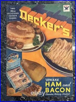 Vintage Decker's Iowana Ham And Bacon Sign NRA Rare Antique Store Display Sign