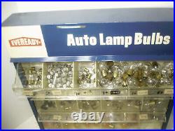 Vintage EVEREADY AUTO LAMP BULBS Counter Wall Metal Display Cabinet + MANY BULBS