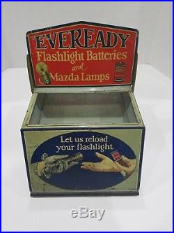 Vintage Eveready Flashlight Batteries and Mazda Lamps Display Cabinet