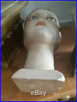 Vintage French mannequin head, plaster art-deco bust, flapper girl, glass eyes