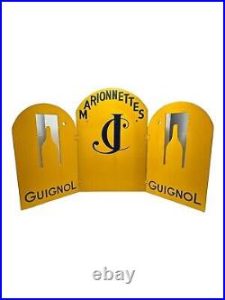 Vintage GUIGNOL JC Marionettes Display Advertising Wooden Sign Yellow Black