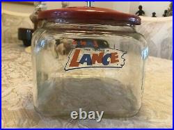 Vintage Glass Lance Cracker Jar Store Display with original red lid