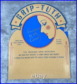 Vintage Grip-Tuth Comb Department Store Display Board Sign Art Deco Pin-Up Hair