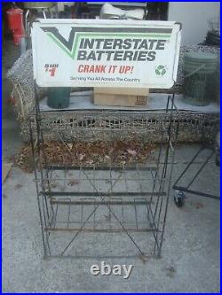 Vintage Interstate Battery 2-Sided Sign & Metal Display Rack Stand SEE PICS