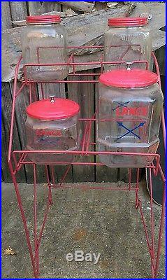 Vintage LANCE Jars and Red Metal 4 Jar Rare Tom's Rack, Store Display, see pics