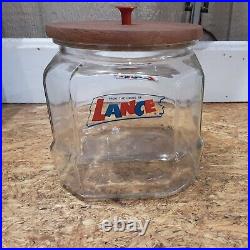 Vintage Lance Store Counter Top Display Glass Jar Wood Lid 8 Sides 6.5