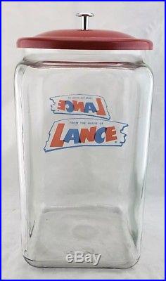 Vintage Large 14 1/2 Glass Lance Store Display Jar With Metal Lid NEAR MINT