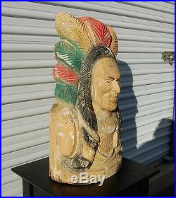 Vintage Large Carve Wood & Chalkware Indian Head Bust Cigar Store Display 27 T
