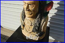 Vintage Large Carve Wood & Chalkware Indian Head Bust Cigar Store Display 27 T