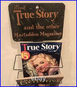 Vintage Macfadden True Story Advertising Magazine Rack Sign & Magazine Lot