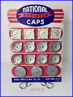 Vintage National Radiator Caps Display Board Automotive Retail Advertisment