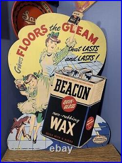 Vintage Original Die Cut Beacon Wax Graphic Easel Back Cardboard Display Sign