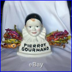 Vintage PIERROT GOURMAND Lollipop Counter Display Stand Holder Ceramic 2 Sided