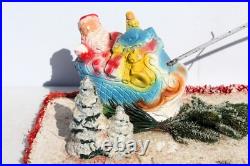 Vintage Santa Sleigh Flying Reindeer & Town Village Chalkware Store Display