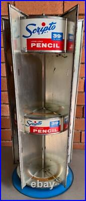 Vintage Scripto Round Metal Display Stand Rotating Advertising Pens Pencils