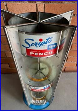 Vintage Scripto Round Metal Display Stand Rotating Advertising Pens Pencils