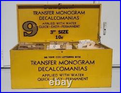 Vintage Transfer Monogram Decalcomanias Set In Wooden Box Letters Numbers Lot