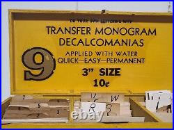 Vintage Transfer Monogram Decalcomanias Set In Wooden Box Letters Numbers Lot