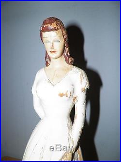 Vintage Wooden Woman Counter Top Display Mannequin With White Dress & Flowers