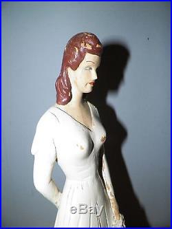 Vintage Wooden Woman Counter Top Display Mannequin With White Dress & Flowers