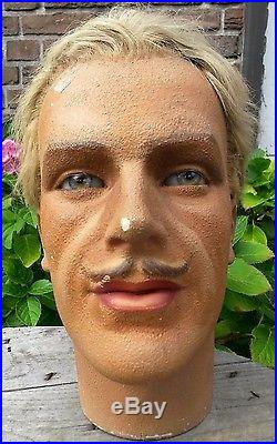 Vintage mannequin head, P. Imans, Paris, plaster, glass eyes, real hair, moustache