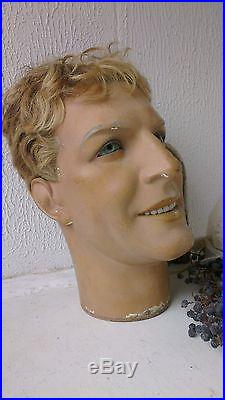 Vintage mannequin head, plaster, glass eyes, real hair, store display head, teeth