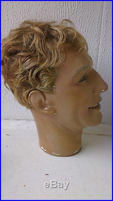 Vintage mannequin head, plaster, glass eyes, real hair, store display head, teeth
