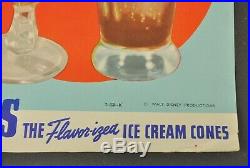 Vtg 1943 Donald Duck Walt Disney Advertising Flare Top Ice Cream Cone Litho Sign
