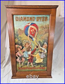 Vtg. DIAMOND DYES Wooden Cabinet Oak Country Store Tin Litho + Oak Display