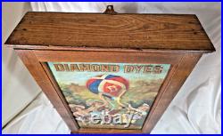 Vtg. DIAMOND DYES Wooden Cabinet Oak Country Store Tin Litho + Oak Display