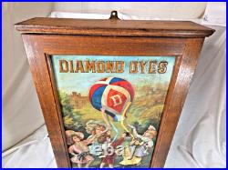 Vtg. DIAMOND DYES Wooden Cabinet Oak Country Store Tin Litho + Oak Display