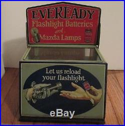 Vtg Eveready Mazda Flashlight Bulbs Metal Cabinet Display Adv Natl Carbon Co