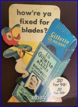 Vtg Gillette Sharpie Parrot Safety Razor Blade Counter Display Sign Advertising